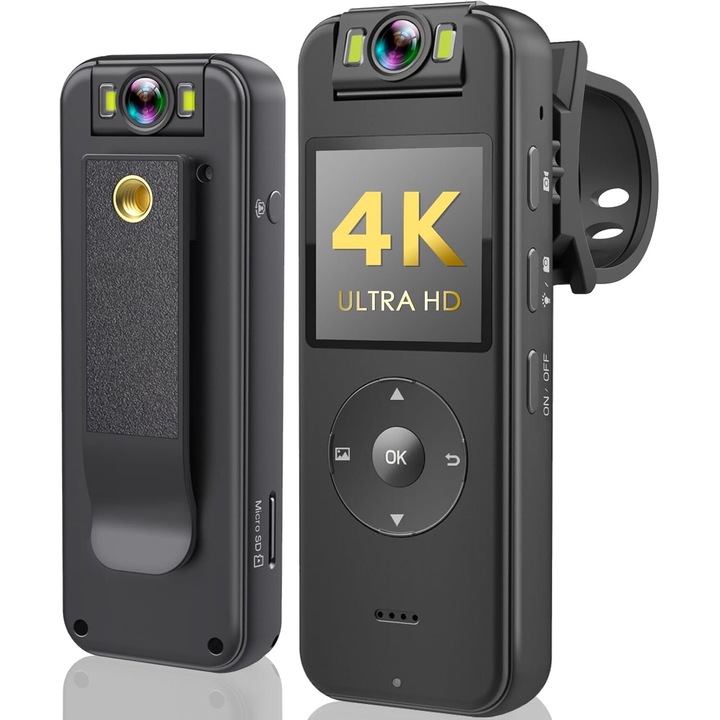 Camera Video Corporala 4K, Quietzi, cu Obiectiv Rotativ 180° si Clip, Ecran 1.4 Inch, Rezolutie Video 3840*2160, Suporta Card SD 256GB, Inregistare HD, cu Lumina Led, Portabila, Acces WiFi pe Mobil, 106.5×40×22.6mm, Negru