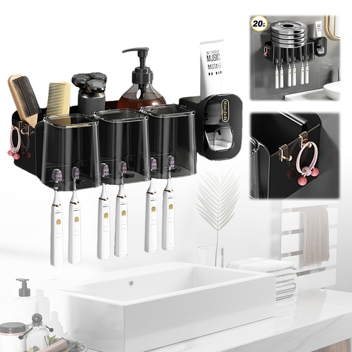 Suport periute de dinti, Puepoul, cu dispenser de pasta de dinti, 3 cupe, 6 pozitii periute, 3 compartimente de depozitare, ABS, negru