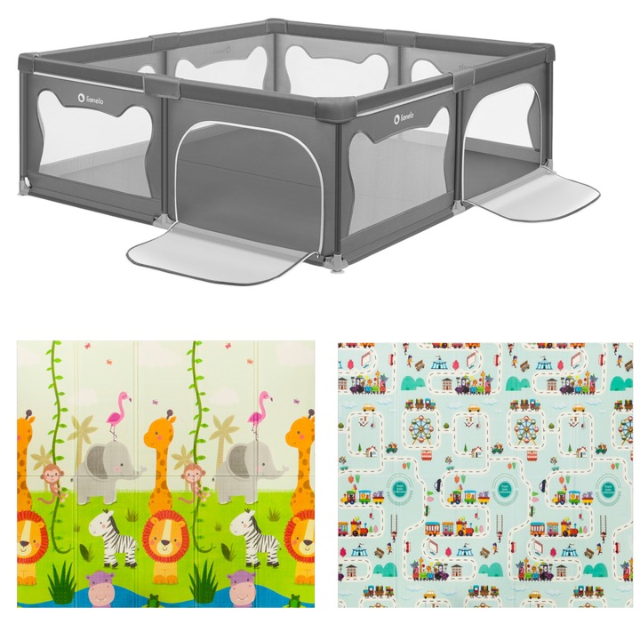 Pachet Tarc de joaca copii, Lionelo, Willow XL, 180 x 200 cm, Conform cu EN 12227:2010, Gri si Covoras educativ, Lionelo, Robby, Impermeabil, 200 x 180 cm