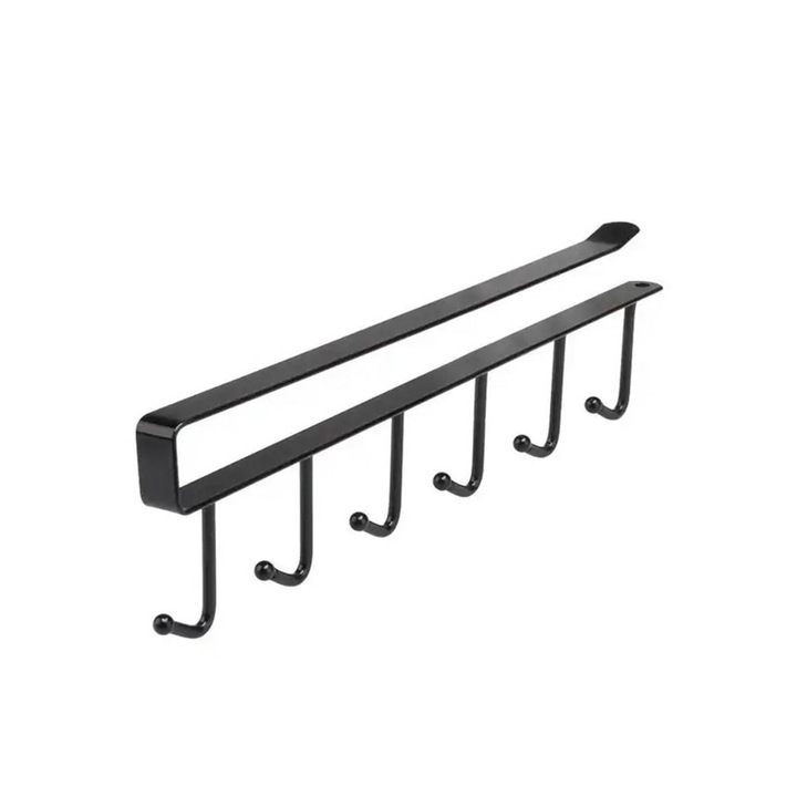 Suport Suspendat pentru Cani sau Ustensile de Bucatarie, cu 6 carlige, Metalic, prindere de dulap, Negru