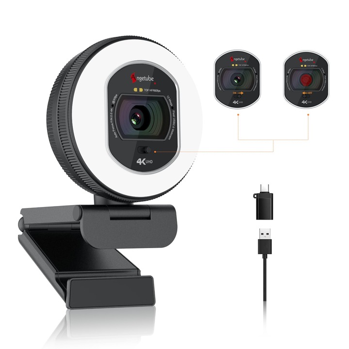 Уеб камера Angetube 4K, USB, двоен микрофон, автофокус