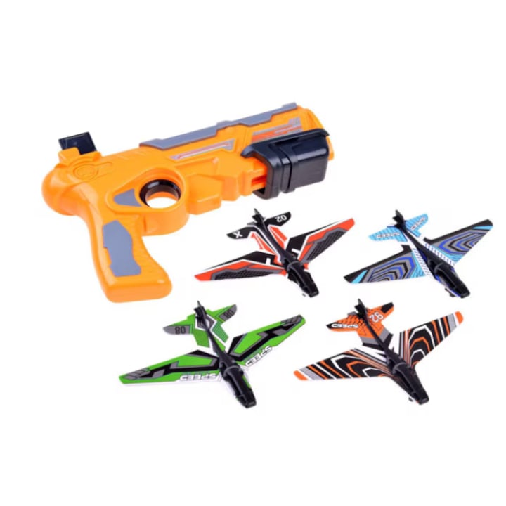 Pistol de Jucarie HOZRO, Lansator de Avioane, cu 4 Avioane din Carton pentru Copii, Sistem ATS, Galben