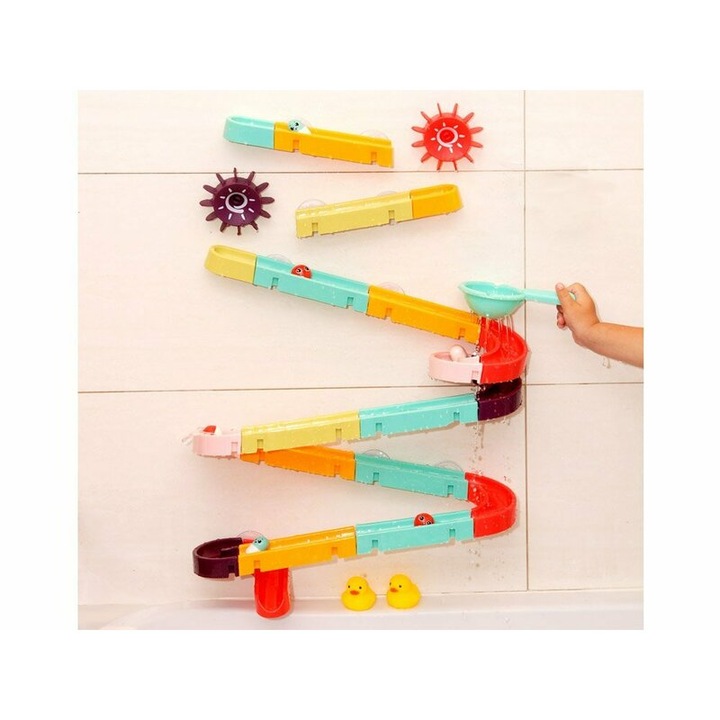 Set de constructie, Jokomisiada, Tobogan de baie, Cu ventuze, Cu accesorii, Potrivit pentru timpul baitei, Contine 44 piese, 3 ani+, Multicolor