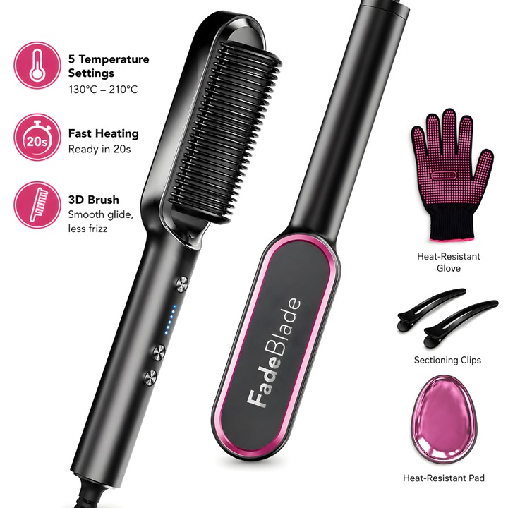Placa Par Indreptat si Intins 2 in 1 FadeBlade® Glide & Glow, Tip Perie, Ceramica, 5 Trepte Temperatura 130 - 210 Grade, Incalzire Rapida 20s, Perii 3D, Functie Auto-OFF, Cablu Rotativ, Husa Depozitare, Accesorii Incluse, 80W, Negru