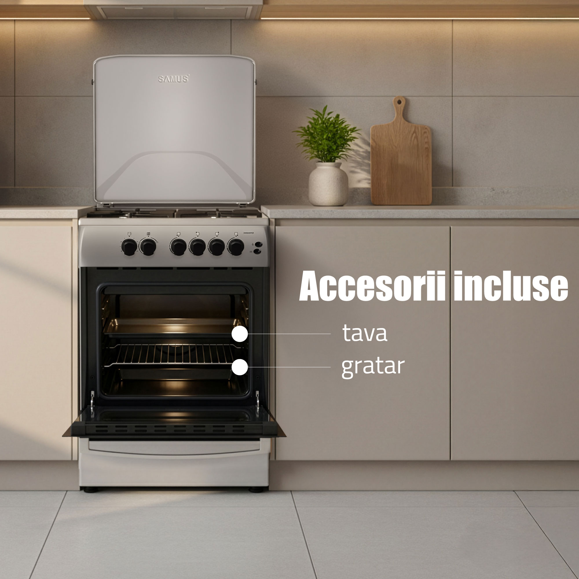 Aragaz Samus SM664XPGS1, 4 arzatoare gaz, cuptor gaz, aprindere electrica plita, timer, grill, sigurante plita si cuptor, Inox/laterale argintii