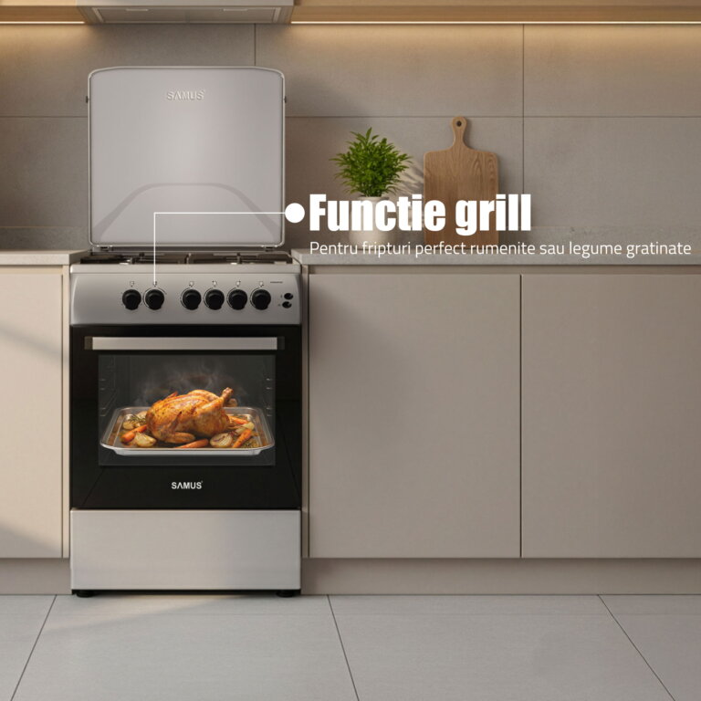 Aragaz Samus SM664XPGS1, 4 arzatoare gaz, cuptor gaz, aprindere electrica plita, timer, grill, sigurante plita si cuptor, Inox/laterale argintii