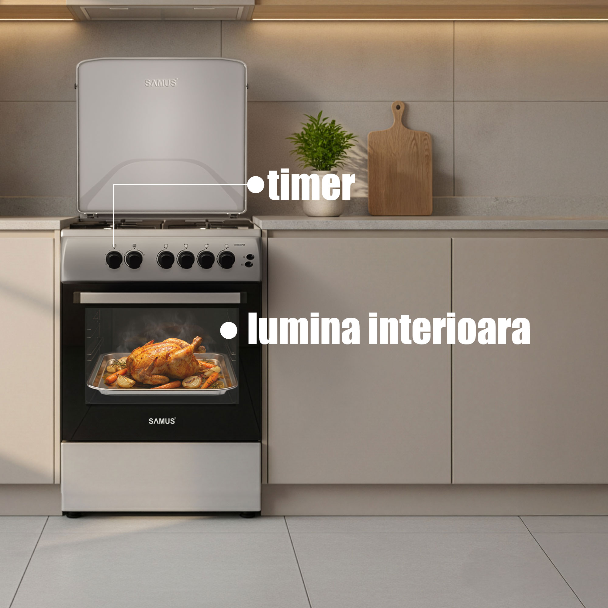 Aragaz Samus SM664XPGS1, 4 arzatoare gaz, cuptor gaz, aprindere electrica plita, timer, grill, sigurante plita si cuptor, Inox/laterale argintii