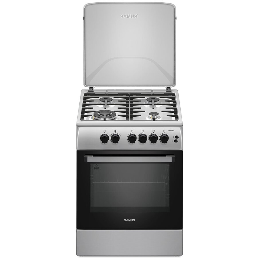 Aragaz Samus SM664XPGS1, 4 arzatoare gaz, cuptor gaz, aprindere electrica plita, timer, grill, sigurante plita si cuptor, Inox/laterale argintii