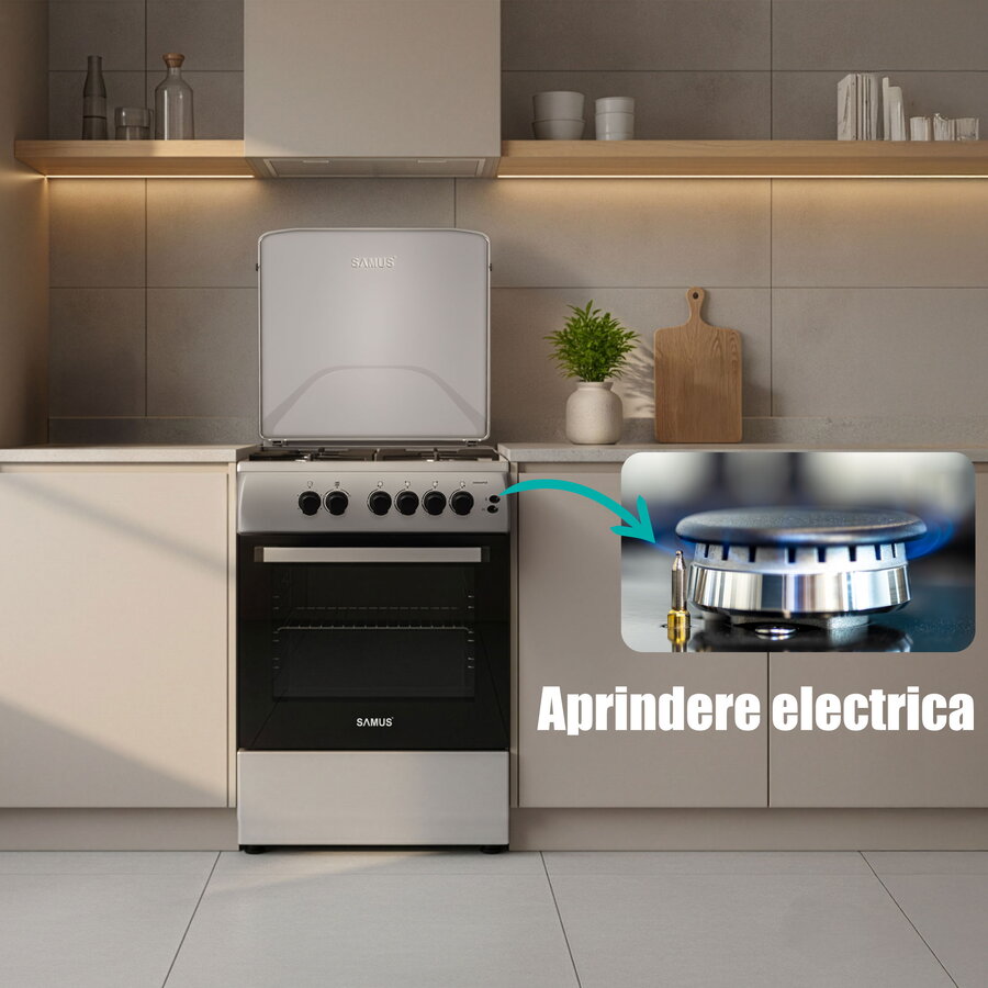 Aragaz Samus SM664XPGS1, 4 arzatoare gaz, cuptor gaz, aprindere electrica plita, timer, grill, sigurante plita si cuptor, Inox/laterale argintii