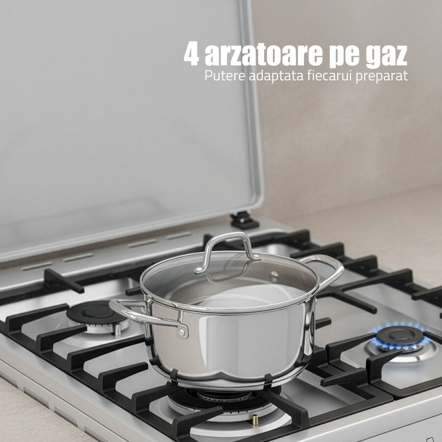 Aragaz Samus SM664XPGS1, 4 arzatoare gaz, cuptor gaz, aprindere electrica plita, timer, grill, sigurante plita si cuptor, Inox/laterale argintii