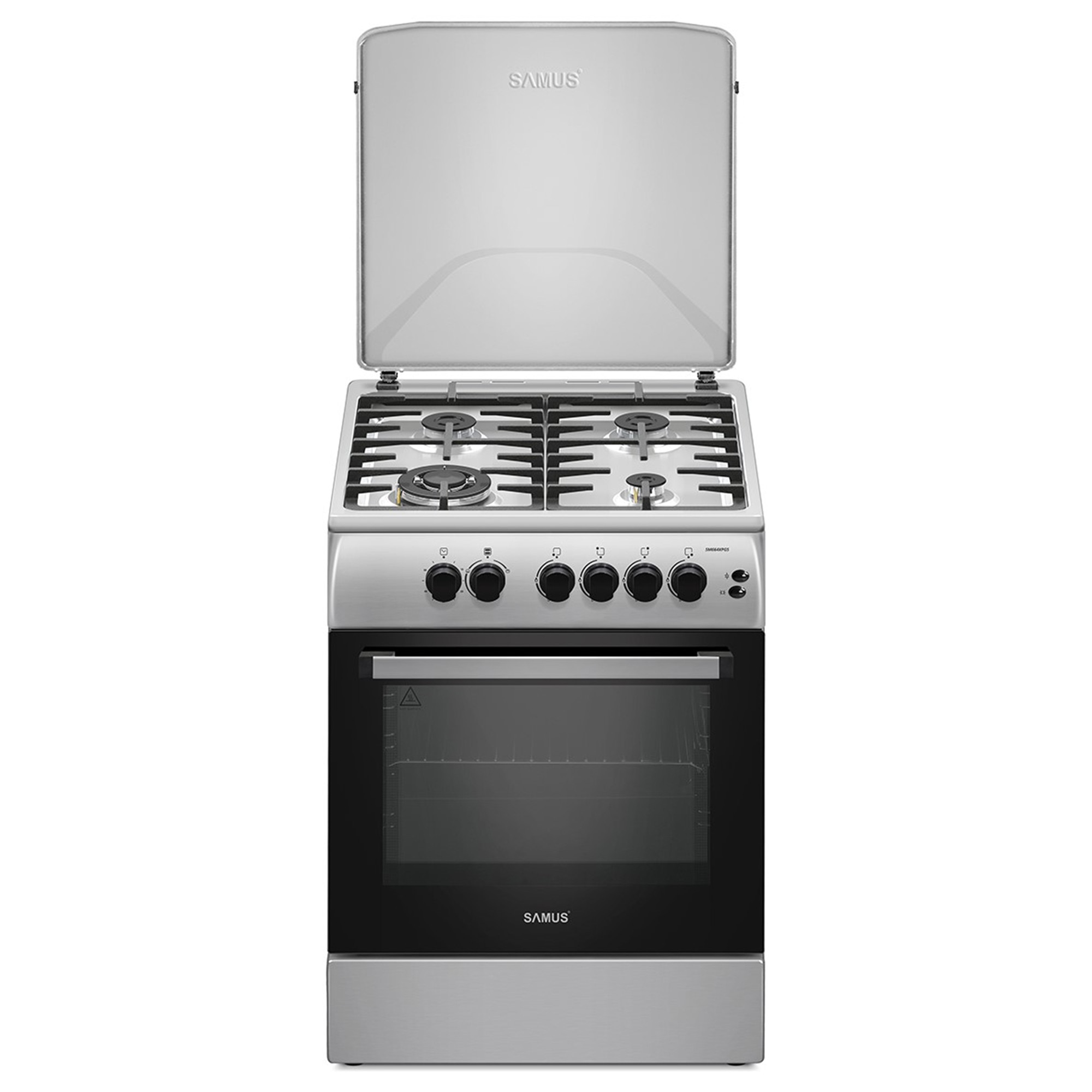 Aragaz Samus SM664XPGS1, 4 arzatoare gaz, cuptor gaz, aprindere electrica plita, timer, grill, sigurante plita si cuptor, Inox/laterale argintii