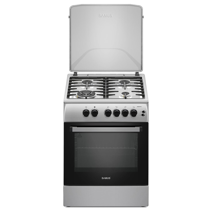 Aragaz Samus SM664XPGS1, 4 arzatoare gaz, cuptor gaz, aprindere electrica plita, timer, grill, sigurante plita si cuptor, Inox/laterale argintii
