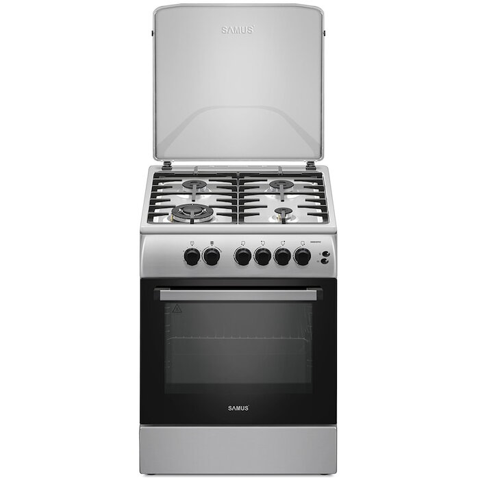 Aragaz Samus SM664XPGS1, 4 arzatoare gaz, cuptor gaz, aprindere electrica plita, timer, grill, sigurante plita si cuptor, Inox/laterale argintii