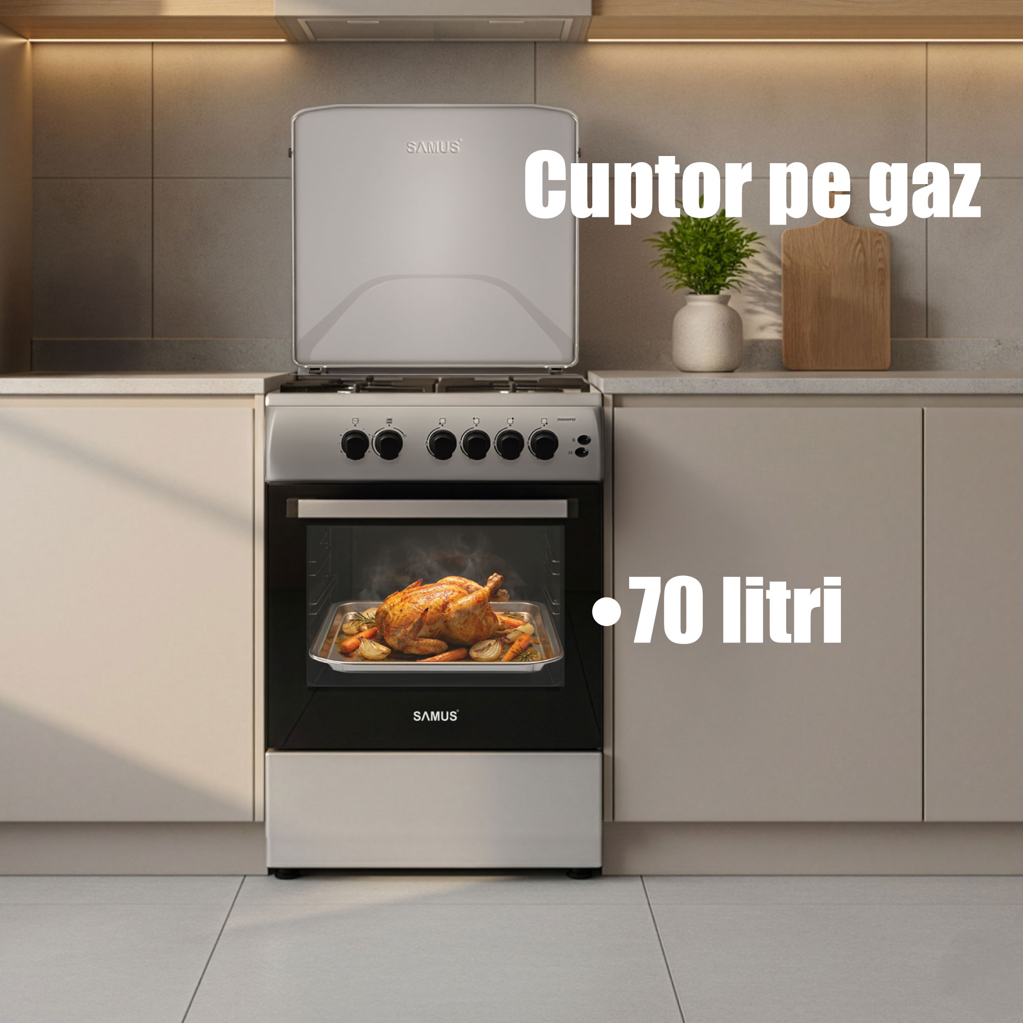 Aragaz Samus SM664XPGS1, 4 arzatoare gaz, cuptor gaz, aprindere electrica plita, timer, grill, sigurante plita si cuptor, Inox/laterale argintii