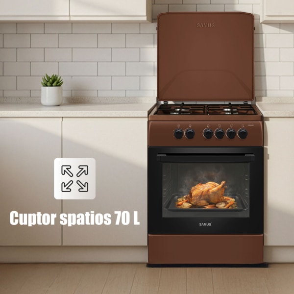 Aragaz Samus SM664MBS, 4 arzatoare, cuptor pe gaz, 60 cm, timer, capac metalic, Maro