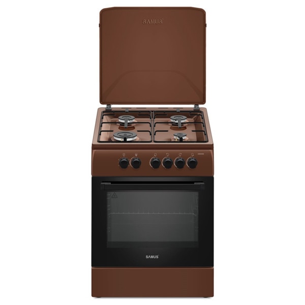 Aragaz Samus SM664MBS, 4 arzatoare, cuptor pe gaz, 60 cm, timer, capac metalic, Maro