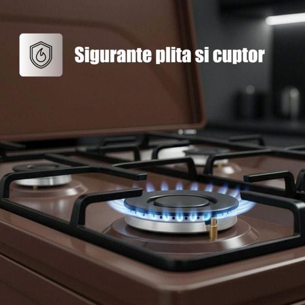 Aragaz Samus SM664MBS, 4 arzatoare, cuptor pe gaz, 60 cm, timer, capac metalic, Maro