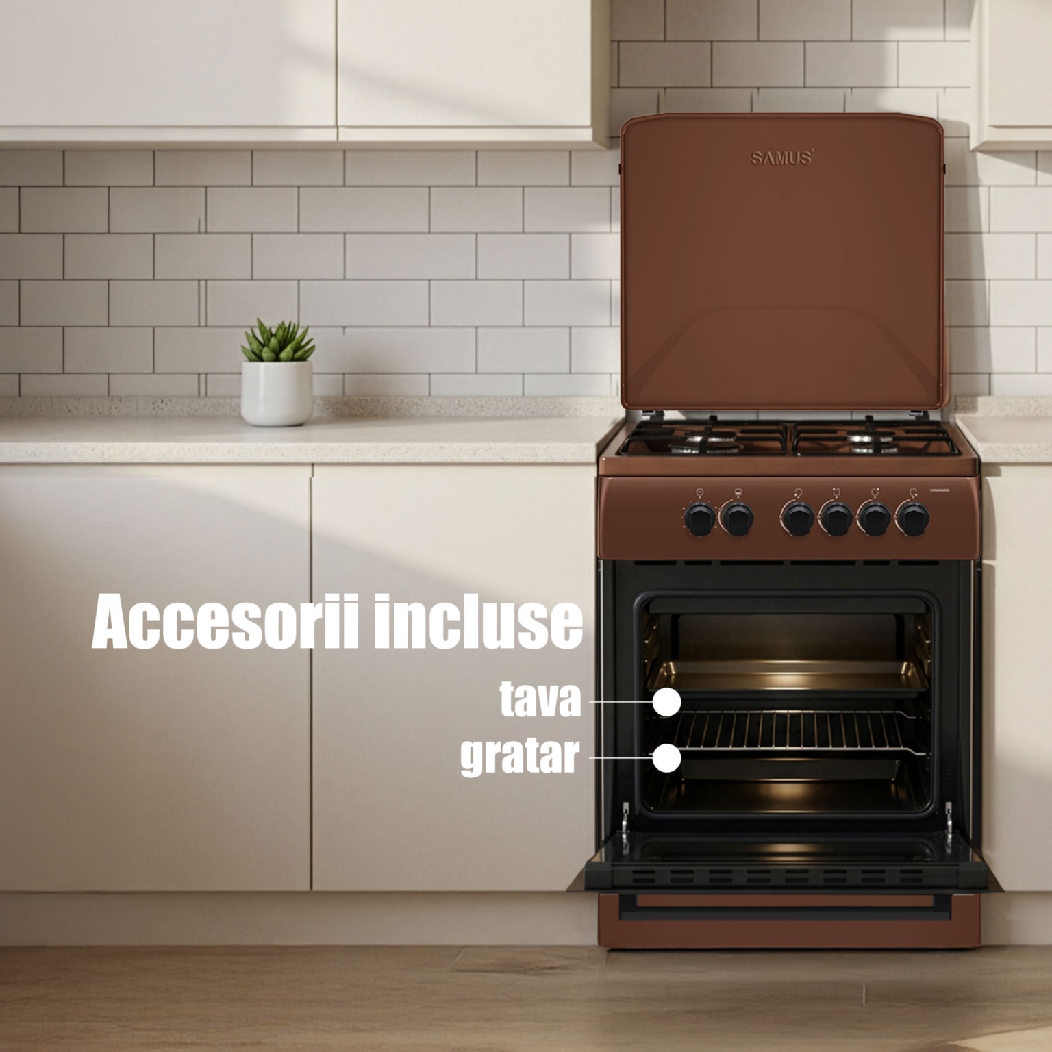 Aragaz Samus SM664MBS, 4 arzatoare, cuptor pe gaz, 60 cm, timer, capac metalic, Maro