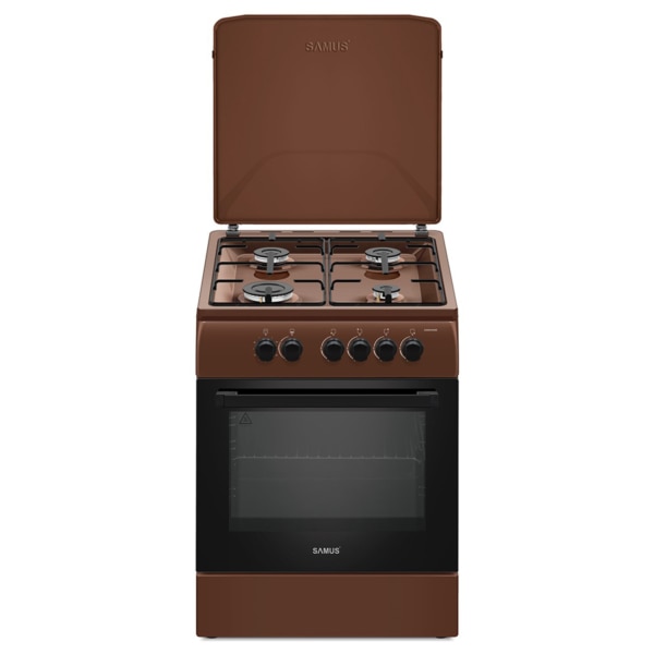 Aragaz Samus SM664MBS, 4 arzatoare, cuptor pe gaz, 60 cm, timer, capac metalic, Maro