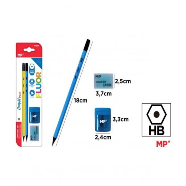 Két ceruza készlet, radír és hegyező, 25x7cm, OEM