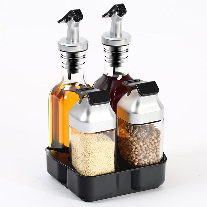 Set recipiente pentru condimente si oliviera, 5 piese, cu suport, sticla, plastic si inox, 2x90ml, 2x175ml, 14.5x11.5x21.5cm, negru-argintiu-transparent