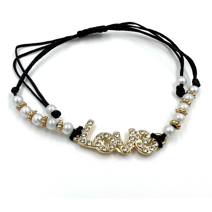 Bratara snur pentru fete Martisor, ajustabila pe marime, Love auriu cu perle albe