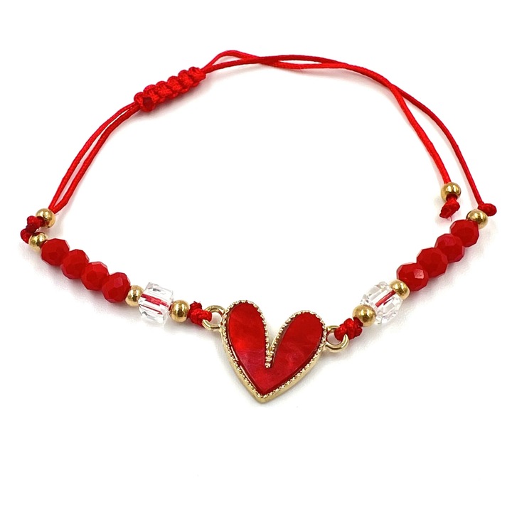 Bratara snur fete Martisor, ajustabila, model inimioara, rosu