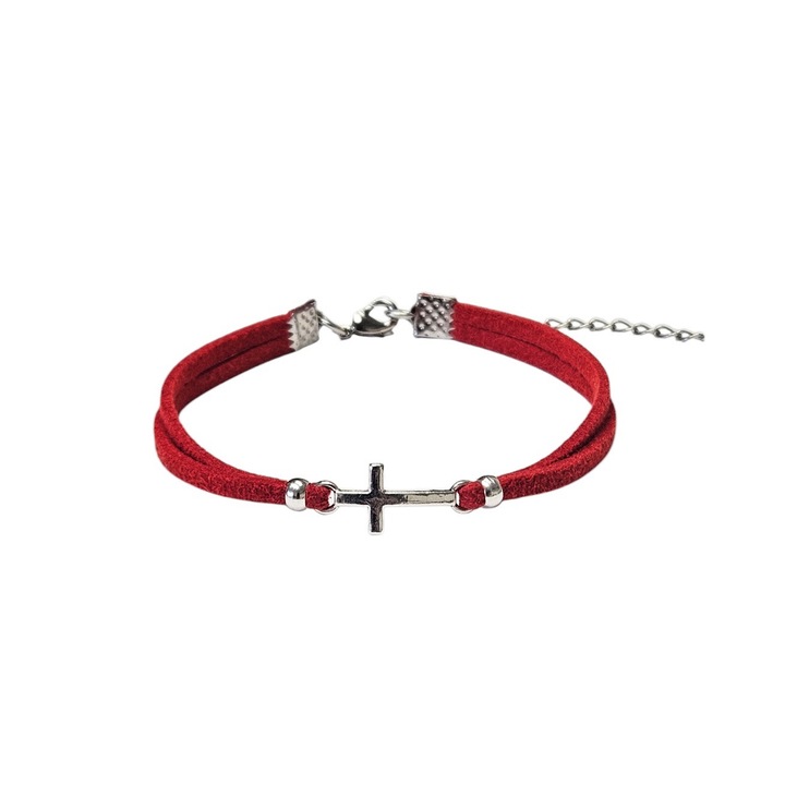 Bratara cu Cruciulita, din piele intoarsa eco, rosie, lucrata manual by Wild Bracelets