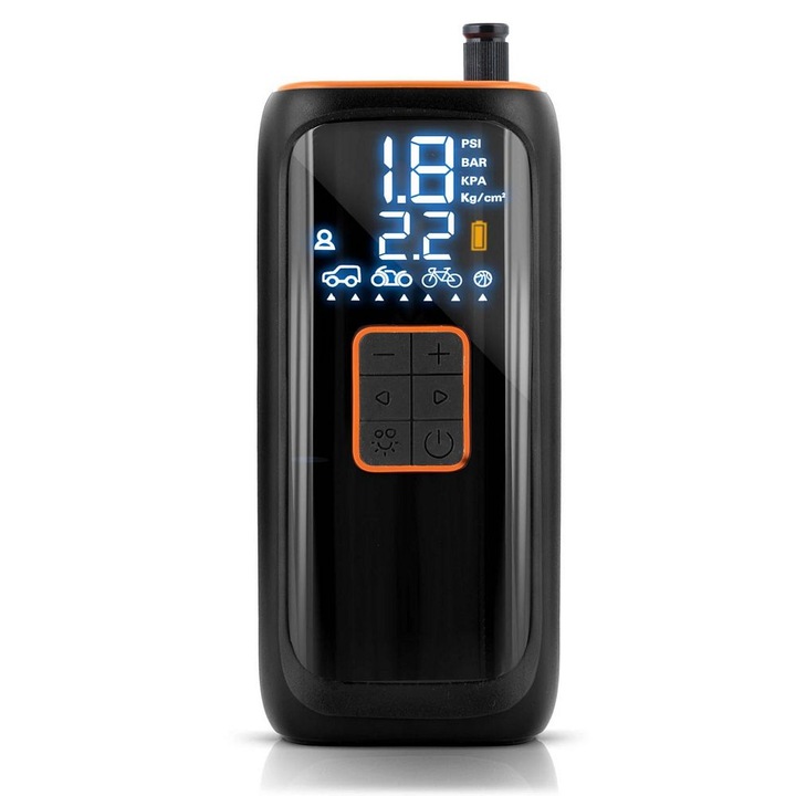 Compresor electric fara fir, afisaj LED, incarcare USB-C, debit aer 20-22 l/min, capacitate baterie 4000mAh, lanterna incorporata