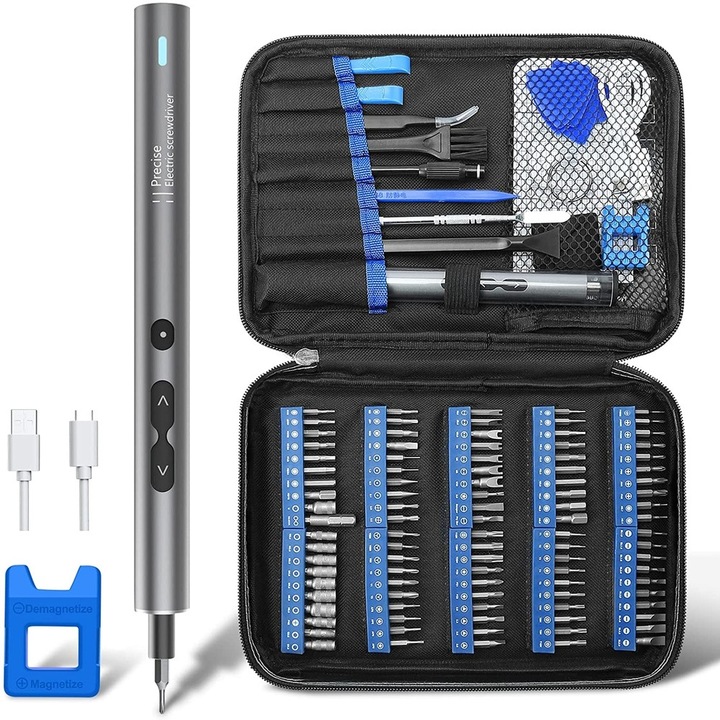 Set Surubelnita Electrica 120 in 1, Acumulator 350 Mah - 100 biti Plati si de Precizie, Aluminium, Magnetica, 3 Lumini Led, Usb, 200 Rt/min