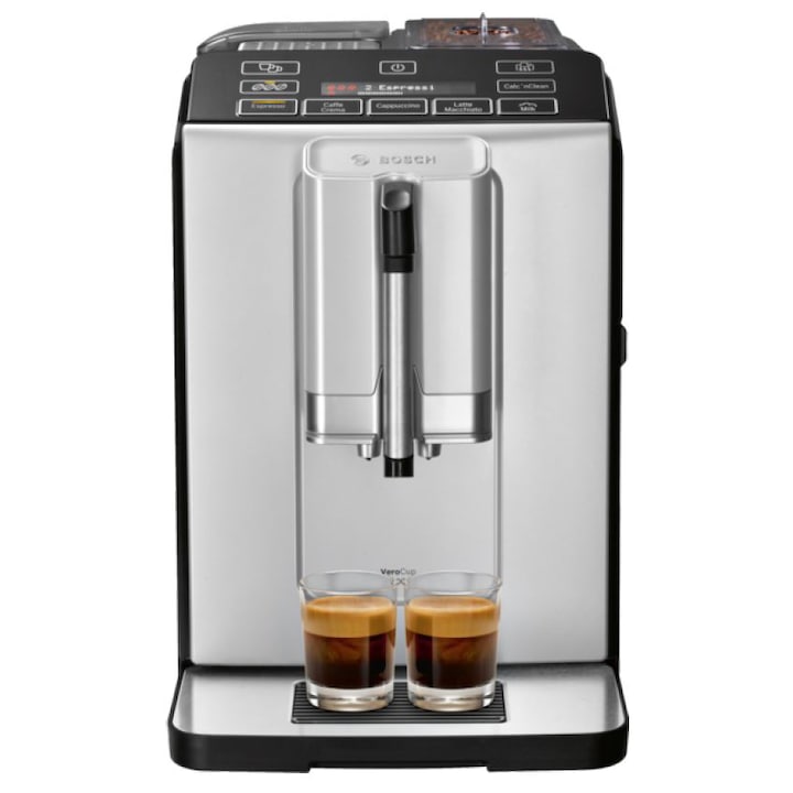Bosch TIS30321RW Automata kávéfőző, VeroCup, 15 bar, OneTouch 5 program, szemes kávé tároló (250 g), tejhabosító funkció, csészemelegítő, LCD display, 2 csésze opció, Fekete/Ezüst