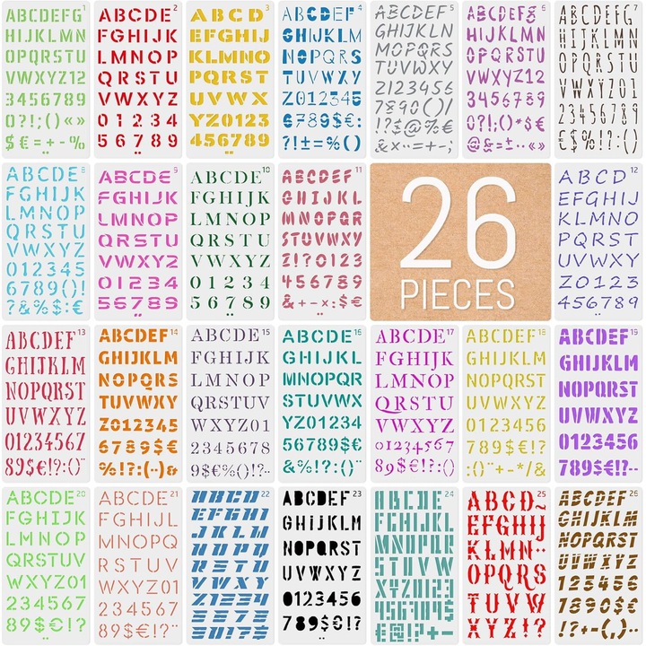 Set 26 de sabloane de scris, litere si cifre, Intrend, diferite stiluri si fonturi