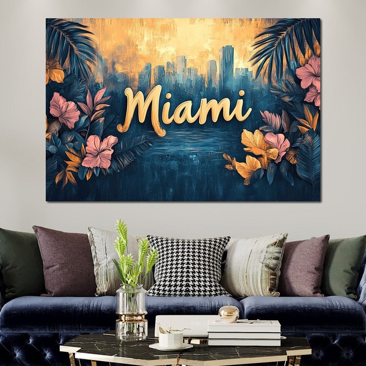 Първокласна картина на платно, LuxCanva® F1012, Маями, Градът на слънцето, 70 X 100 CM, 100% памучно платно 400g/m2, дървена рамка, тропическа, екзотична, залез, ваканция, Флорида, забавление, всекидневна, офис, живи цветове