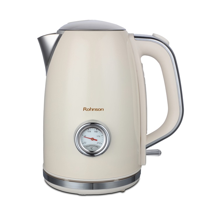 Fierbator electric Rohnson R7710 Nostalgia, 1850-2200W, 1.7 l, baza rotativa, deschidere automata a capacului, depozitare cablu, protectie anti-fierbere uscata, protectie supraincalzire, oprire automata, conector Strix, culoare Crem