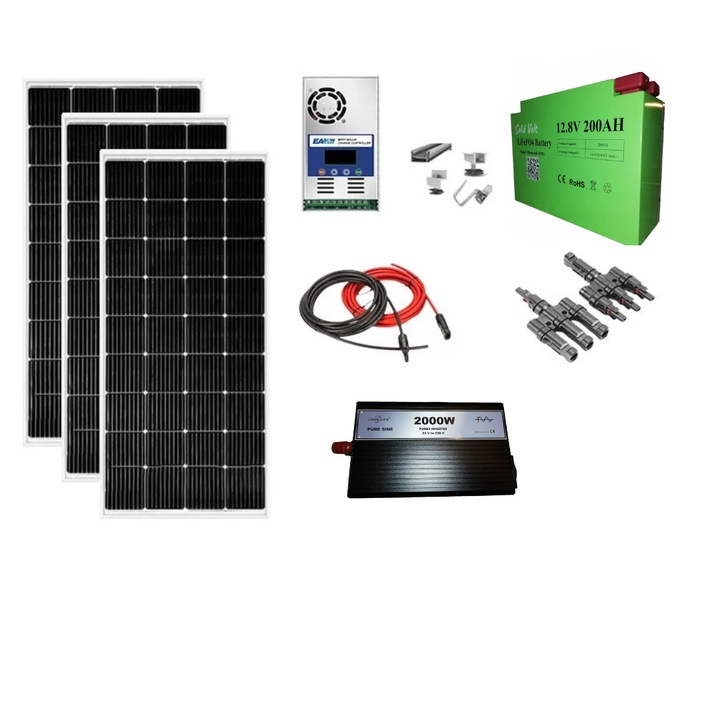 Kit fotovoltaic solar sistem 600 W (3 panouri solare 200 W )12 V, regulator/controller solar EASUN MPPT 60 A, invertor 2000W, SINUS PUR, baterie solara litiu 200Ah, Solid Volt