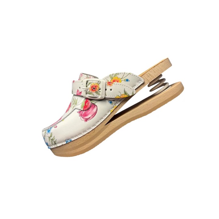 Saboti din Piele naturala, Talpa din lemn de fag uscat, flexibila, cu design antiderapant, cu Arc – Decor Floral - Marimea 37