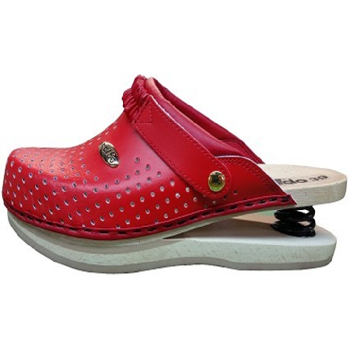 Saboti din Piele naturala perforata, Talpa din lemn de fag uscat, flexibila, cu design antiderapant, cu Arc – Rosu - Marimea 37