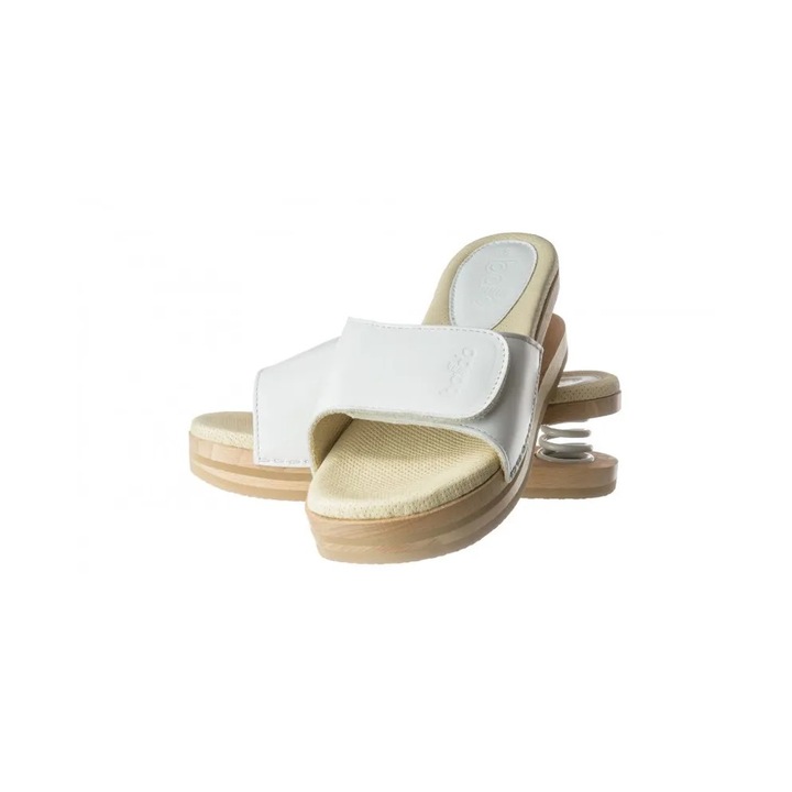 Saboti Slim din Piele naturala, Talpa din lemn de fag uscat, flexibila, cu design antiderapant, cu Arc – Alb - Marimea 37