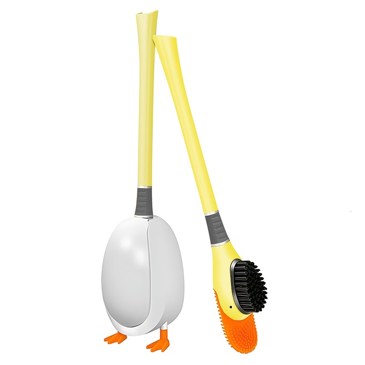 Perie pentru Toaleta Ratusca Teno®, din silicon, model adorabil, carcasa ou, suport adeziv montabil pe orice suprafata, 2 capete, capat cioc din silicon, capat cu peri pentru pete, galben