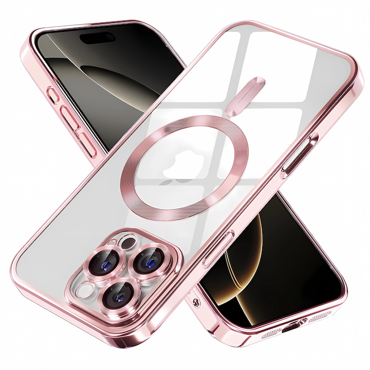 Калъф за Защита Bervolo® MagSafe, Съвместим с iPhone 16 Pro Max, Прозрачен, Устойчив на Пожълтяване, Удароустойчив и Устойчив на Надраскване, Подсилени Ръбове, Розово Злато