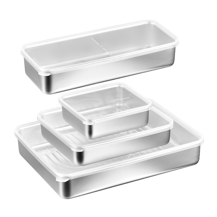 Cutie pentru alimente, set de 4, pentru refrigerare si conservare, capacitate mare, otel inoxidabil, capac negru transparent, robust si durabil