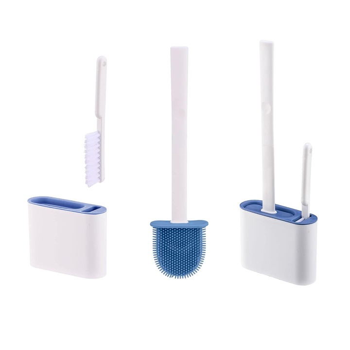 Set perie de toaleta si suport, cu 2 perii diferite, maner lung, anti-alunecare, peri moi silicon si peri aspri, montare pe perete cu autoadeziv, modern si elegant, ingust pentru orice spatii mici
