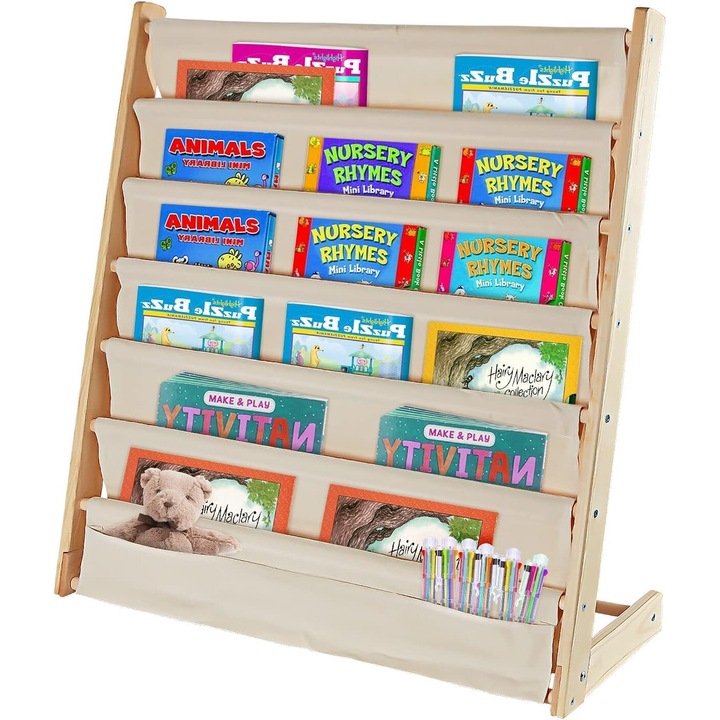 Детска етажерка за книги, LYCENXI, 6 отделения, естествено дърво, 79x60x30 см, кафява/кремава