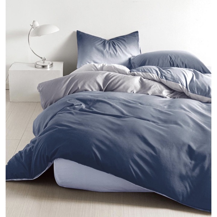 Set lenjerie 1 Persoana, Lenjerie copii, Pucioasa, Finet/Bumbac, 4 piese, Cearceaf de pat 160x220 cm, Cearceaf pilota cu Doua Fete 155x200 cm, 2 fete de perna 55 x 75 cm, Albastru/Gri, Model Degrade, Y60-06