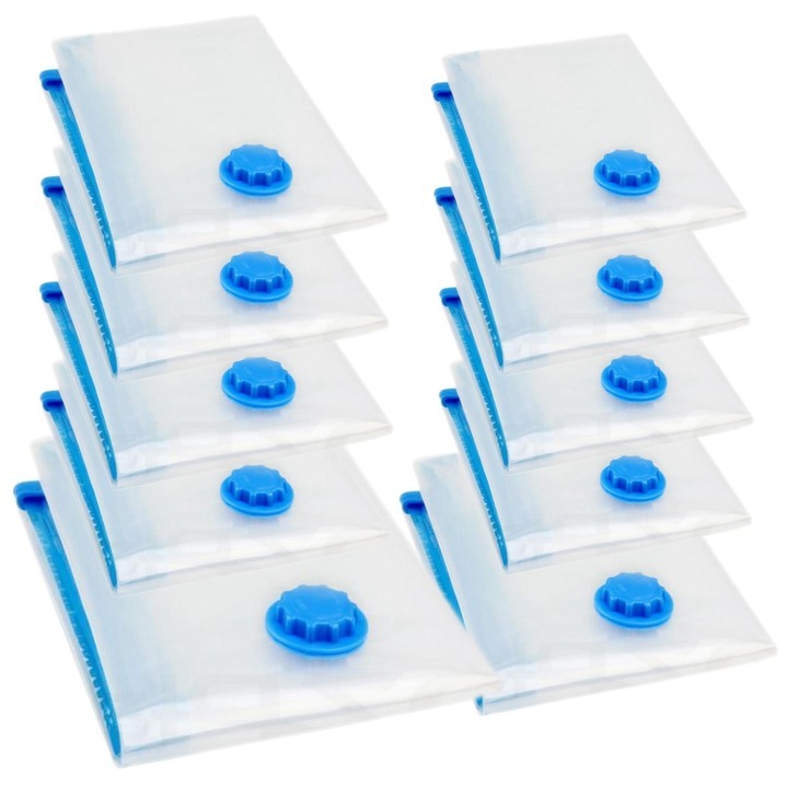 Set 10 saci pentru vidat haine, Zola®, marimi diferite 40 x 60 cm, 50 x 60 cm, 60 x 80 cm, 80 x 100 cm, reutilizabili, supapa dubla, transparenti