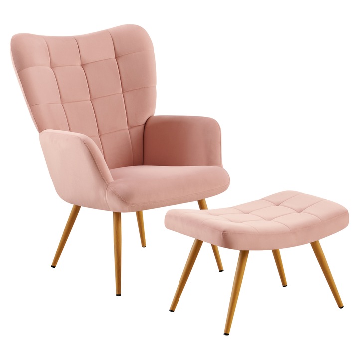 Fotoliu cu taburet inclus, culoare roz, tesatura de calitate, confortabil, picioare negre, din metal, reglabile, design modern, living, dormitor, 70x78x97 cm