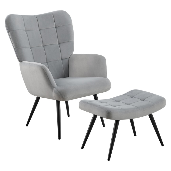 Fotoliu gri, cu taburet inclus, tesatura de calitate, picioare din metal, negre, design modern si confortabil, living, dormitor, 70x78x97 cm