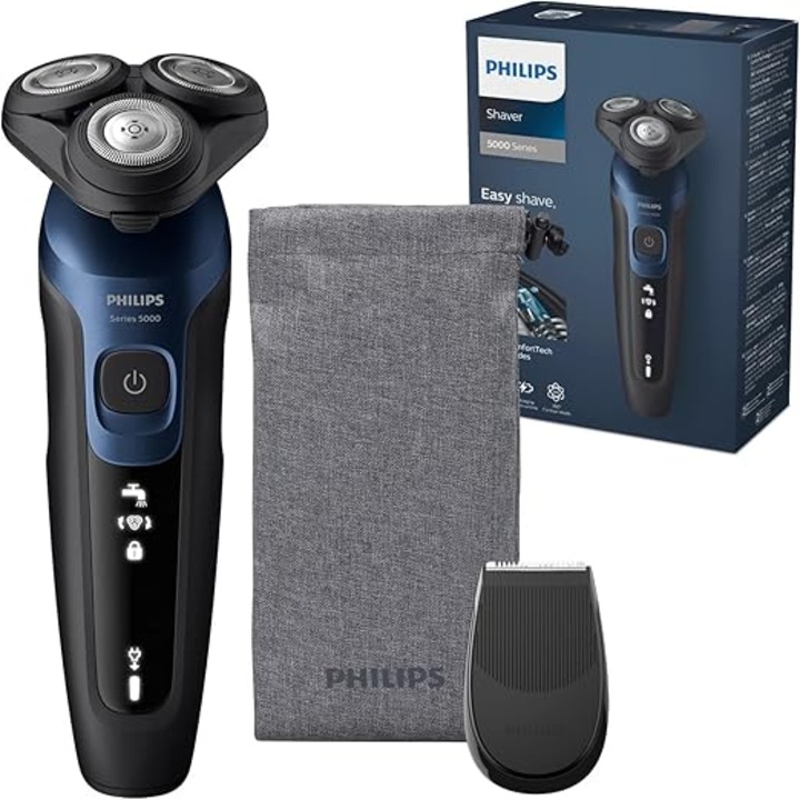 Philips Shaver Series 5000 Модел S5465/18 – Мъжка електрическа самобръсначка, за мокро и сухо бръснене, в метално синьо, с прецизен тример и куфар за носене