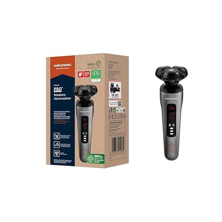 Aparat de ras Grundig ProClub MS 8130 pentru barbati, senzor BeardCare, carcasa exterioara din plastic 61% plastic reciclat, tehnologie lame din titan, pentru ras umed si uscat, crom mat inchis/rosu