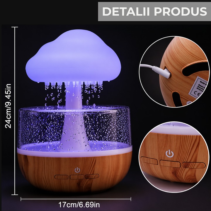 Umidificator si Difuzor Aromaterapie Macvi® Nor de Ploaie, 7 Culori LED, Sunet Relaxant, USB, 400 ml
